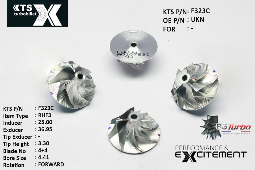 Turbo ROUE FORGÉE MFS PERFORMANCE - 4+4 PALES - INDUCER : 25 - EXDUCER : 36,95 - TYPE : RHF3ANGLE : 45° - ROTATION : Forward - SUPER BACK : 1,06 - BORE SIZE : 4,41
